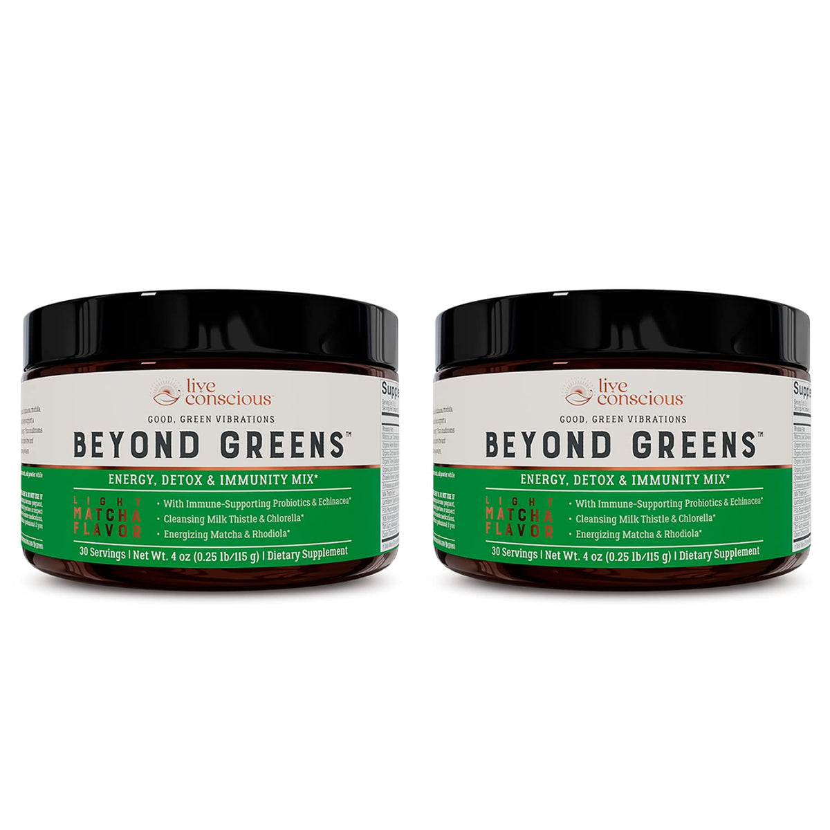 Live Conscious Beyond Greens Matcha canister with label, supports immune energy.