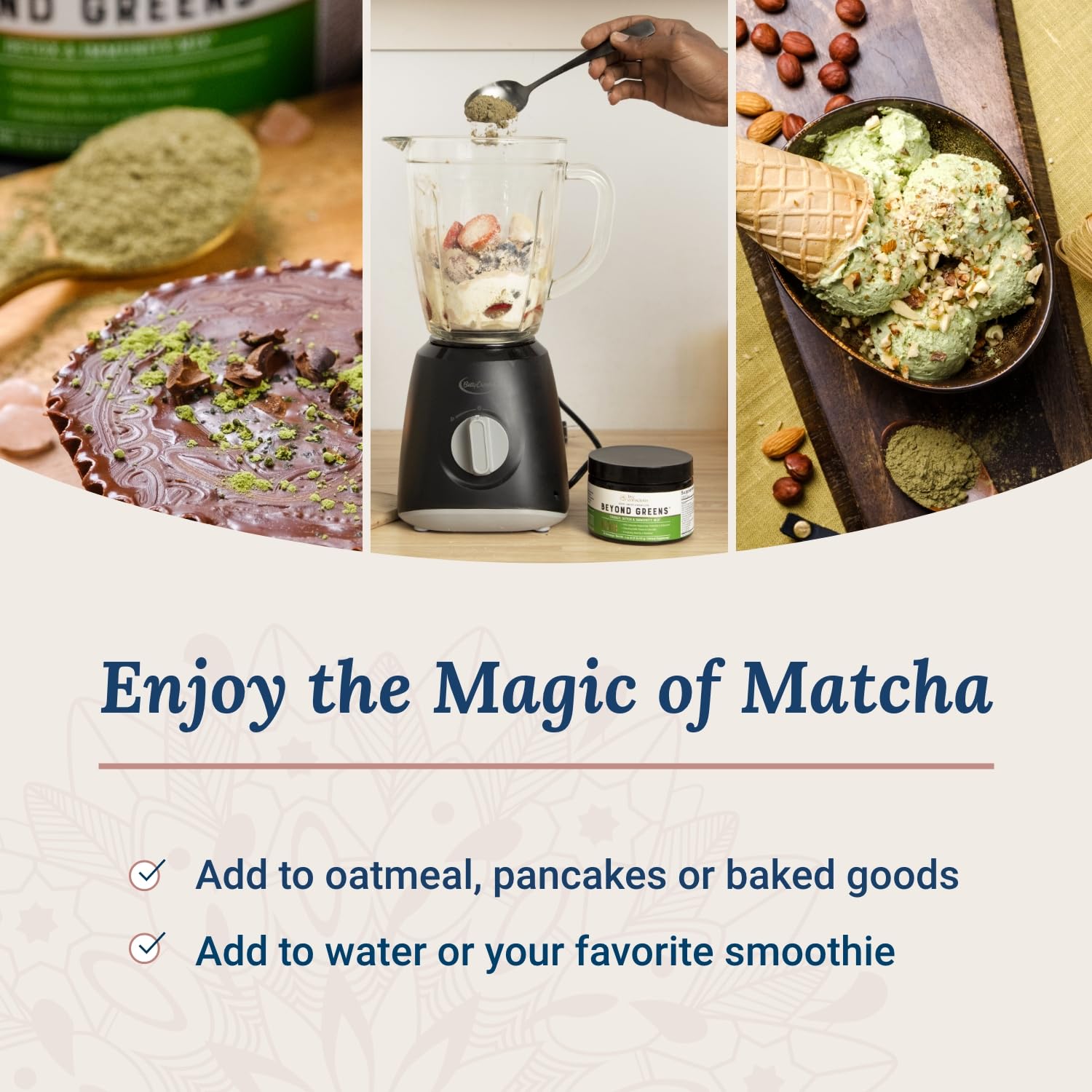 Live Conscious Beyond Greens Matcha powder scoop pouring into a glass for daily energy and digestion.