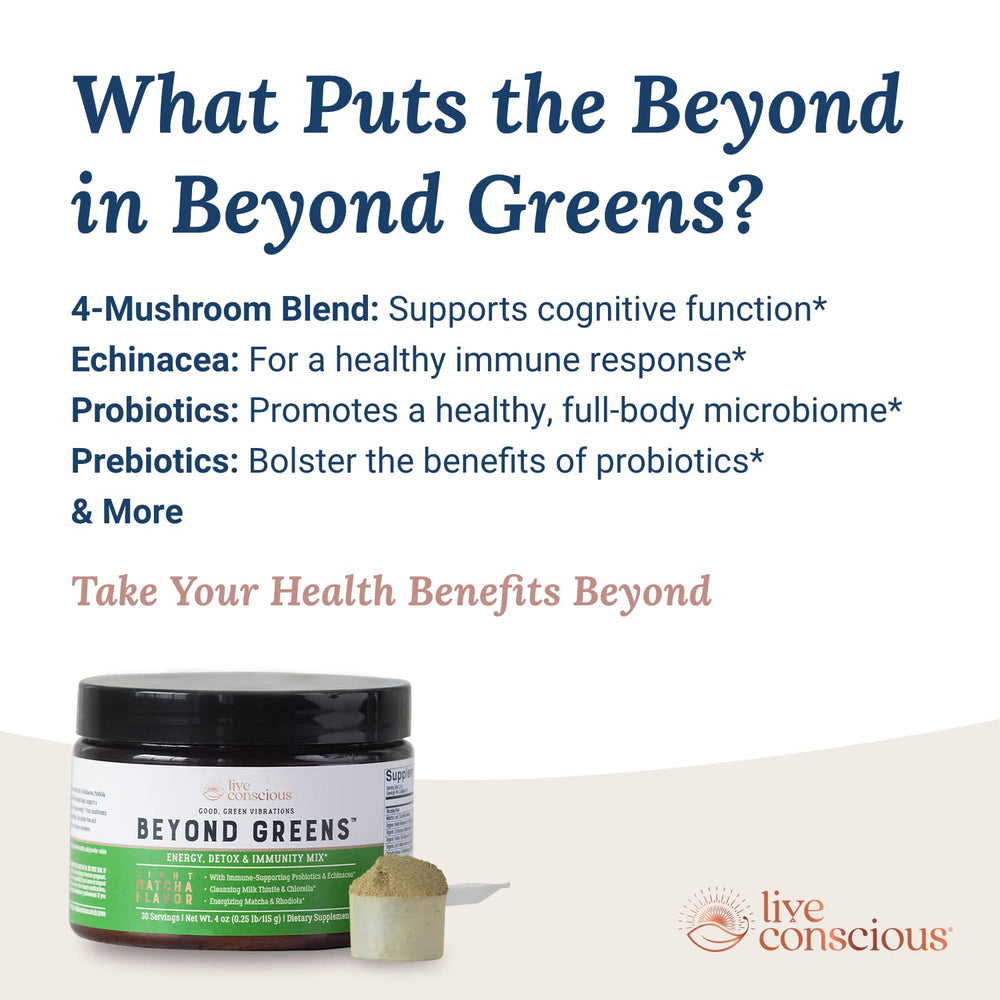 Mushroom blend bottle from Live Conscious Beyond Greens with immune-friendly notes