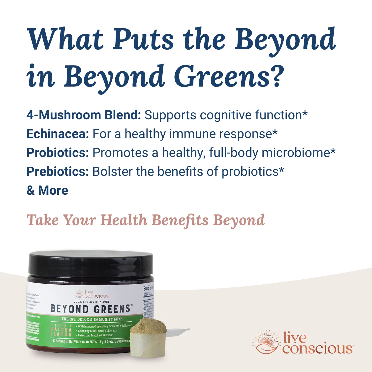 Live Conscious Beyond Greens mushroom blend icons featuring lion’s mane, reishi, and turkey tail for immune-friendly support.