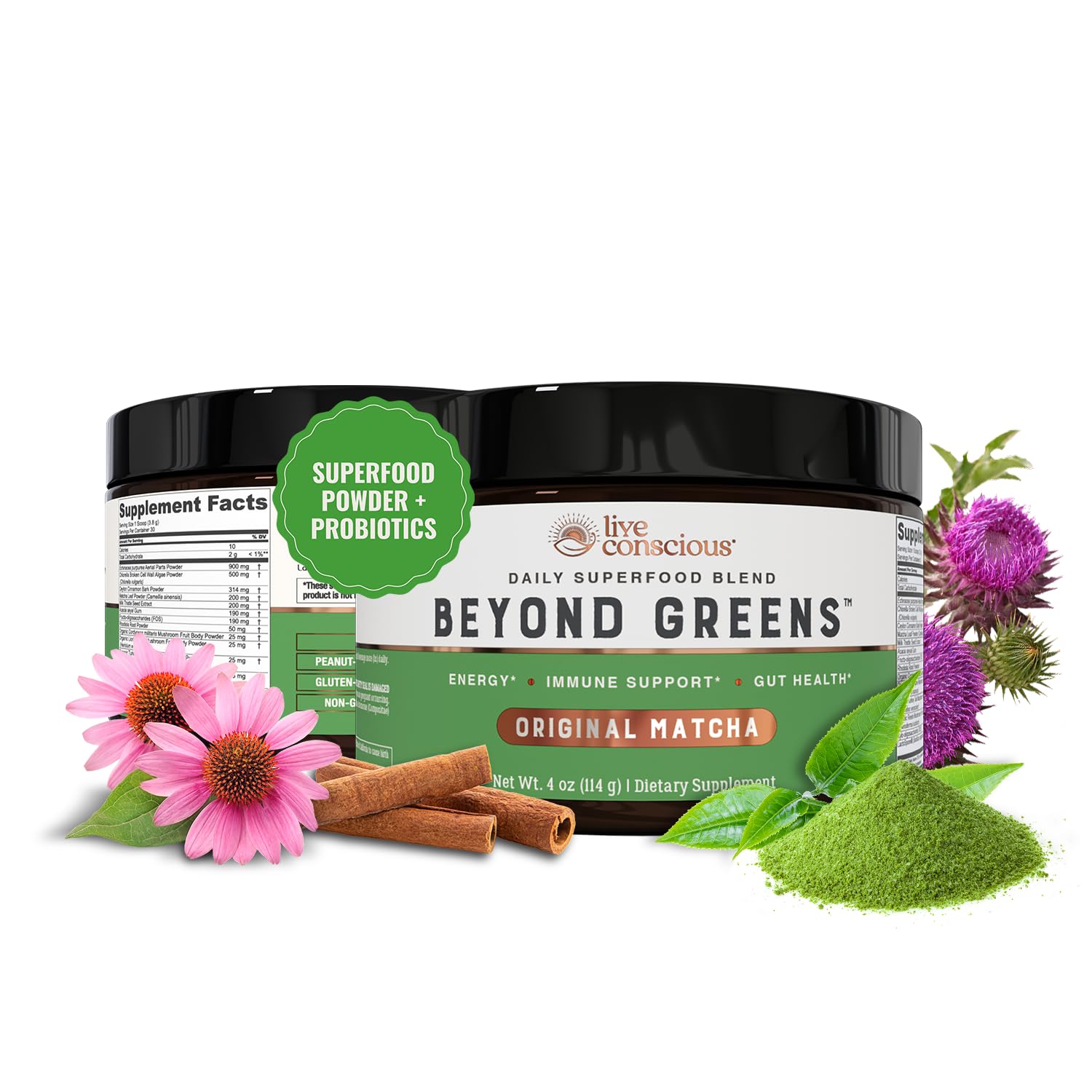 Live Conscious Beyond Greens tub front showing label for daily immune support