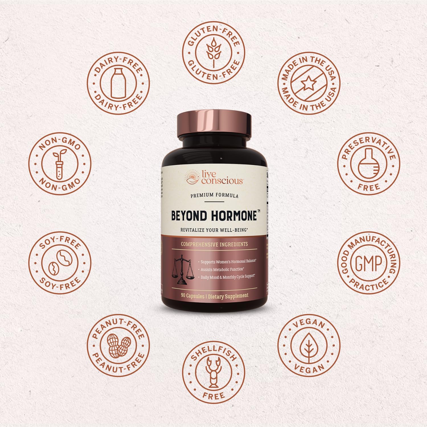 Live Conscious Beyond Hormone bottle with glass implying daily routine and trusted quality.