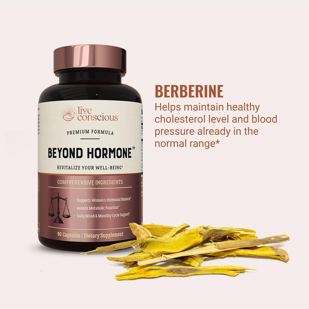 Closeup of Live Conscious Beyond Hormone pills emphasizing key ingredients like berberine and inositol.