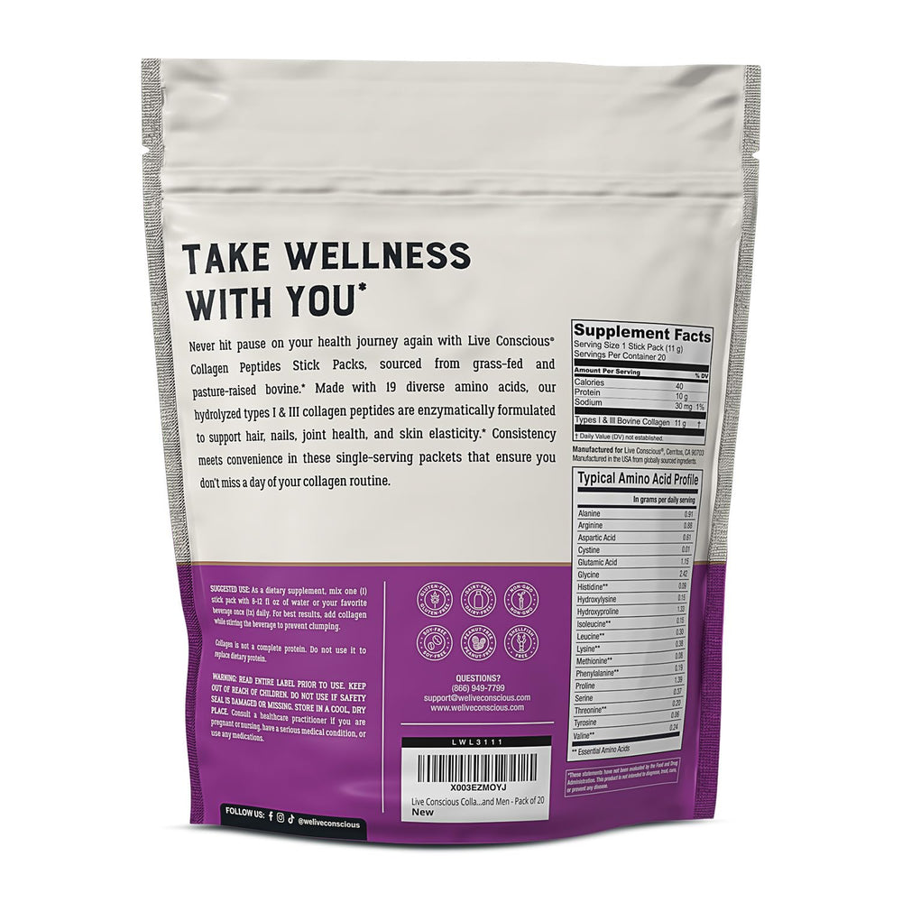 Live Conscious collagen packaging designed for quick, mess-free use.