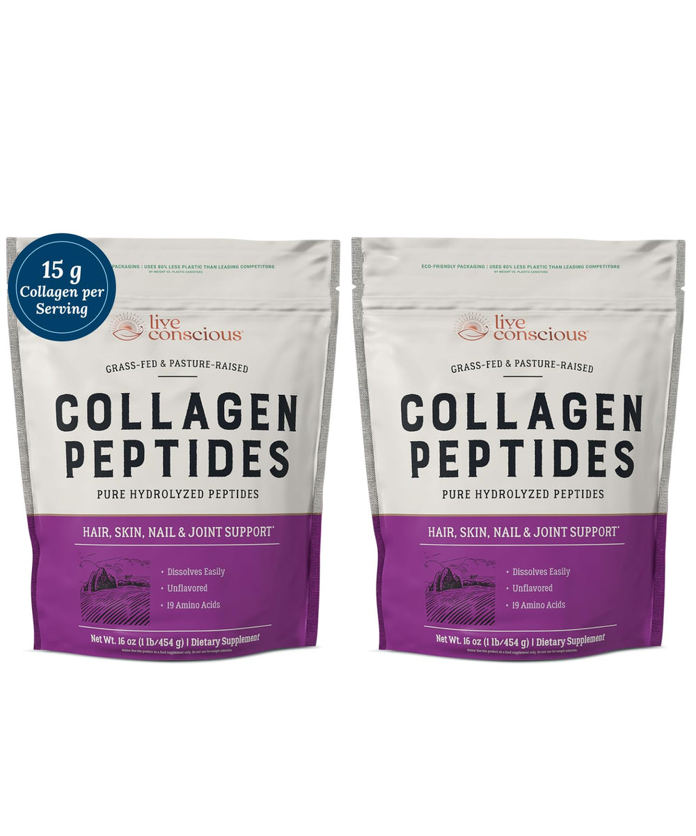 Live Conscious Collagen Peptides bottle for daily skin and hair support.