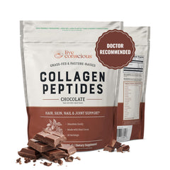 Live Conscious Collagen Peptides chocolate bottle on kitchen counter shows a premium skin and joint support option