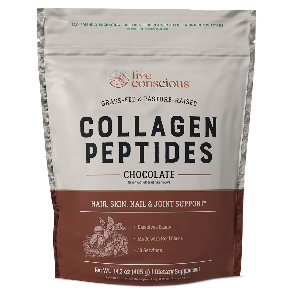 Live Conscious chocolate collagen jar on kitchen counter conveys premium wellness routine