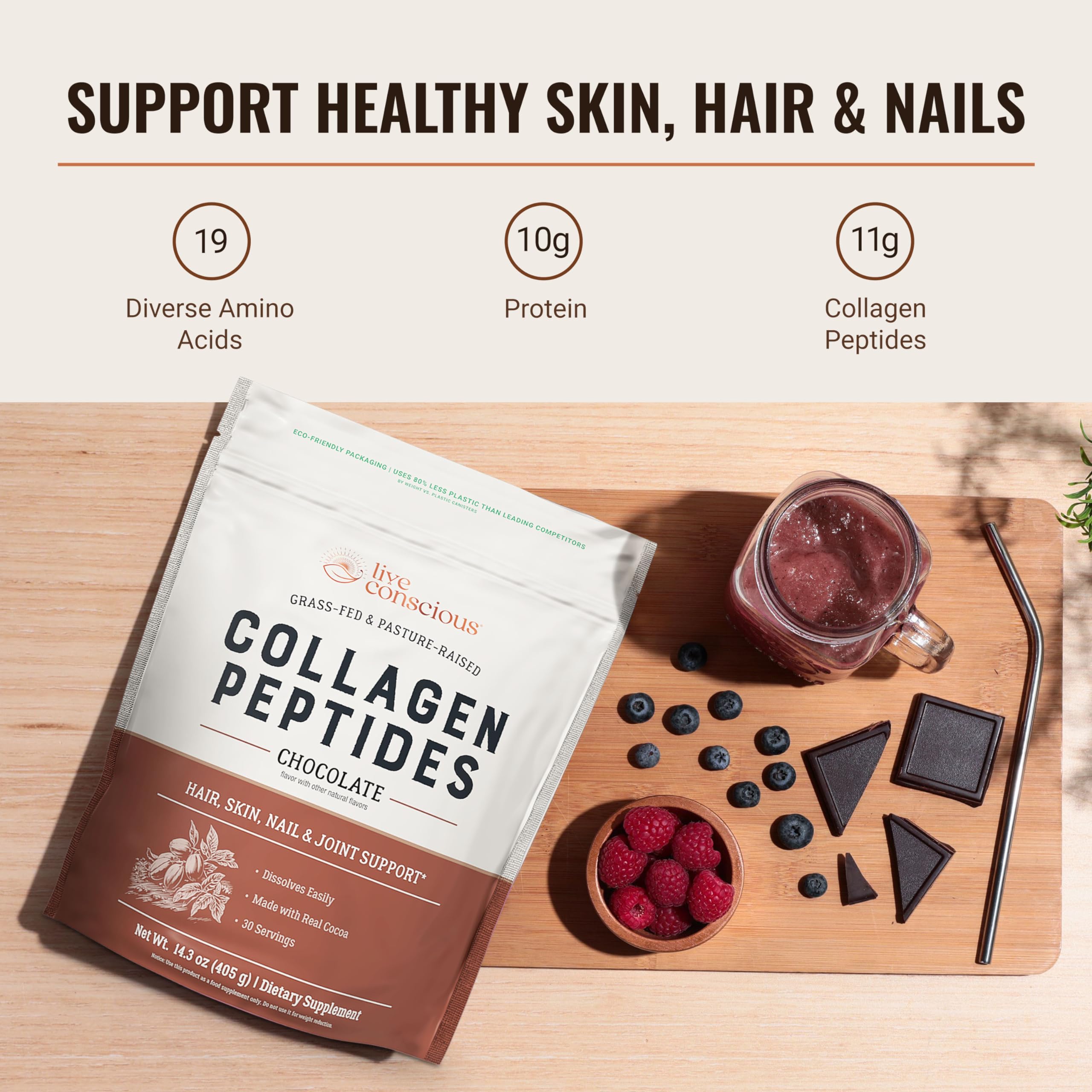 Live Conscious Collagen Peptides chocolate powder in a scoop highlighting quick-dissolve formula