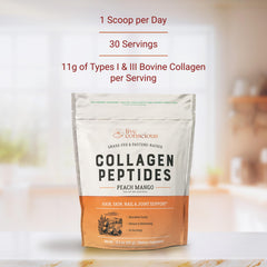 Glass of water with Live Conscious Peach Mango collagen dissolving smoothly.