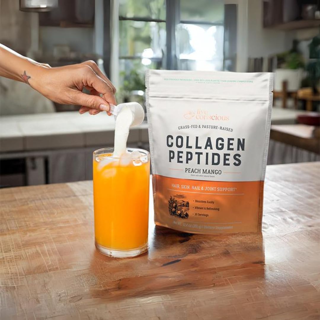 Pouring Live Conscious Collagen Peptides Peach Mango into a drink for easy mixing.