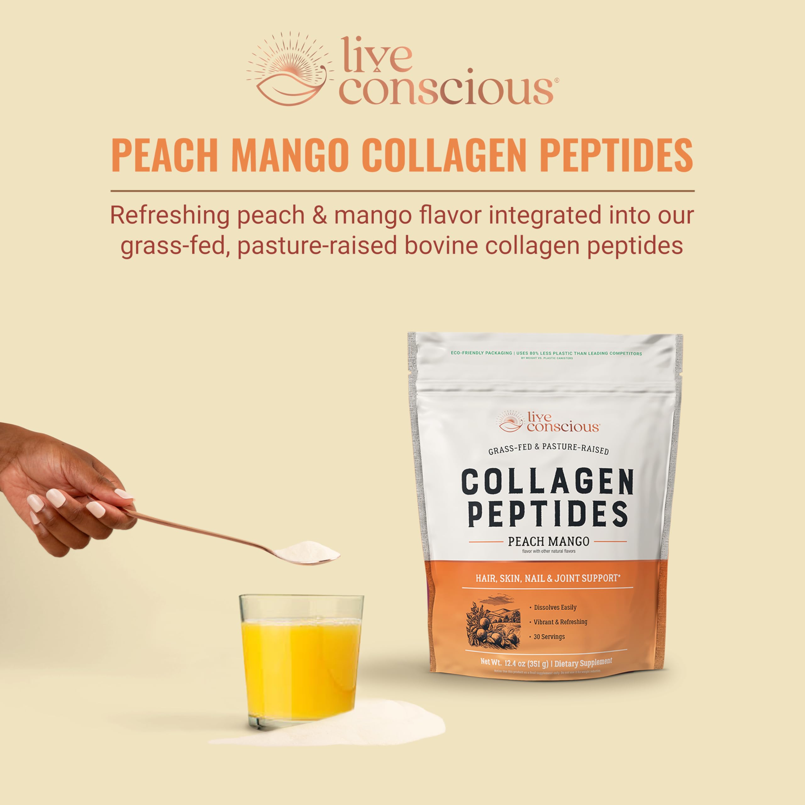 Scoop of Live Conscious Peach Mango collagen measuring a convenient daily serving.