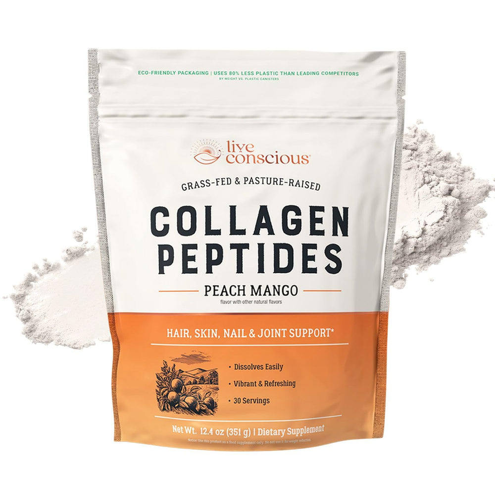 Live Conscious Collagen Peptides Peach Mango tub with fast-dissolving formula for daily use.