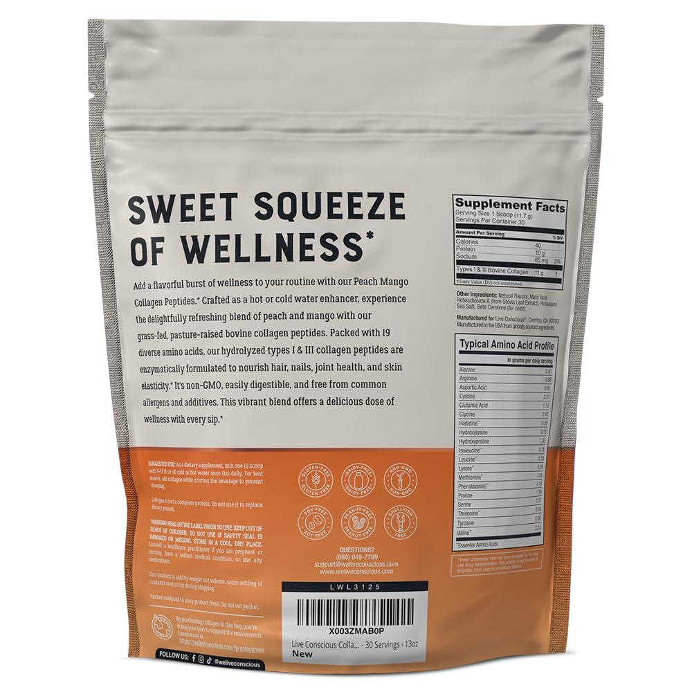 Lifestyle scene featuring daily use of Live Conscious Peach Mango collagen peptides.