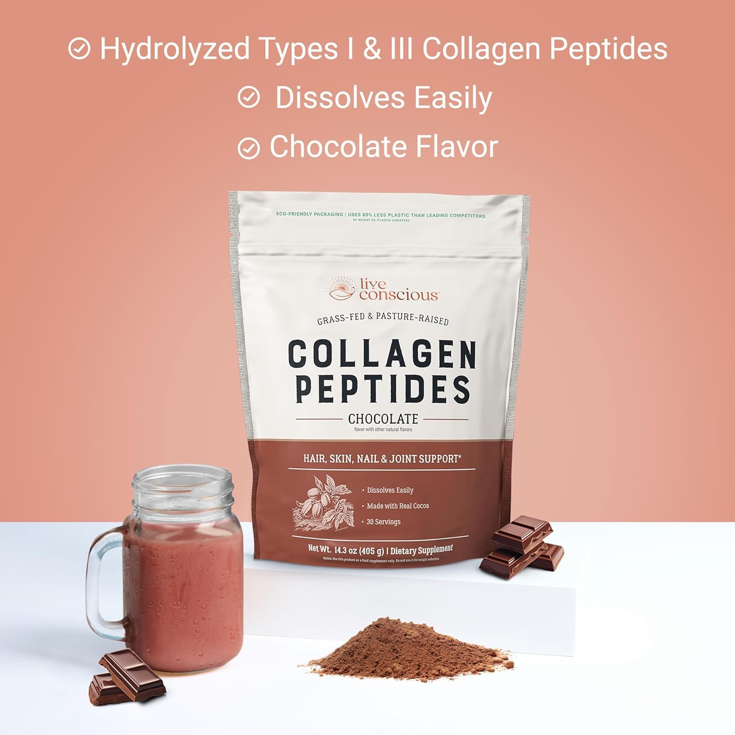 Closeup of Live Conscious chocolate collagen label showing Type I & III