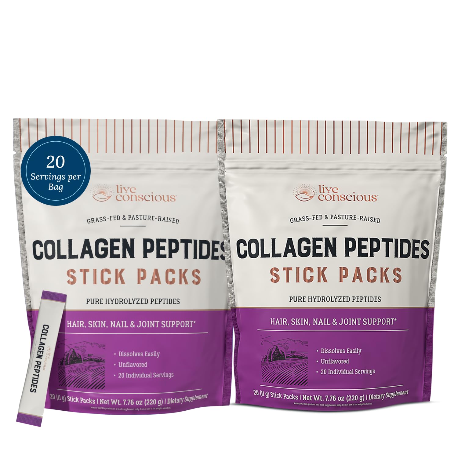 Live Conscious collagen peptides unflavored packets for easy daily mixing.