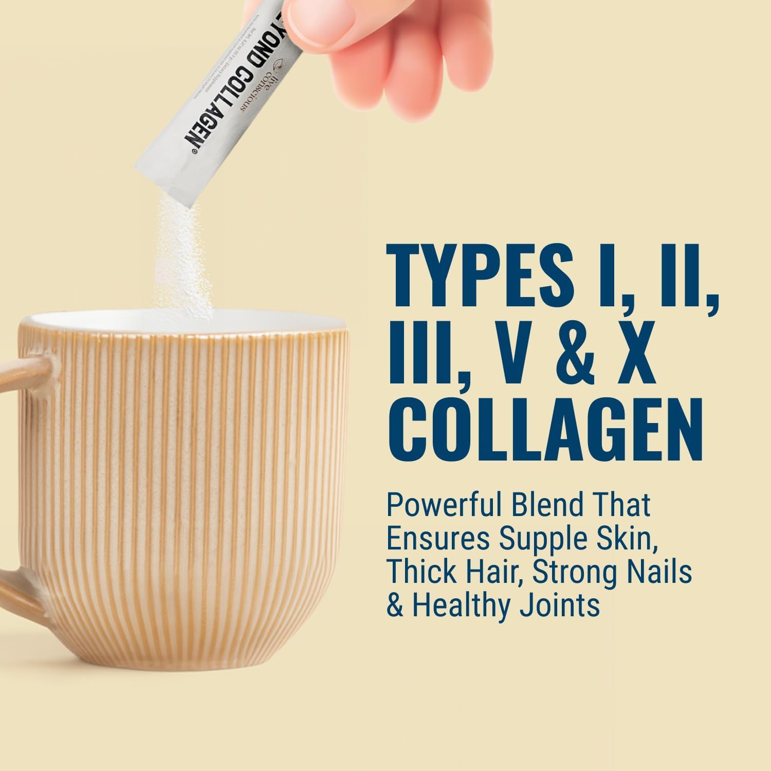 Live Conscious collagen powder blending smoothly in a glass.