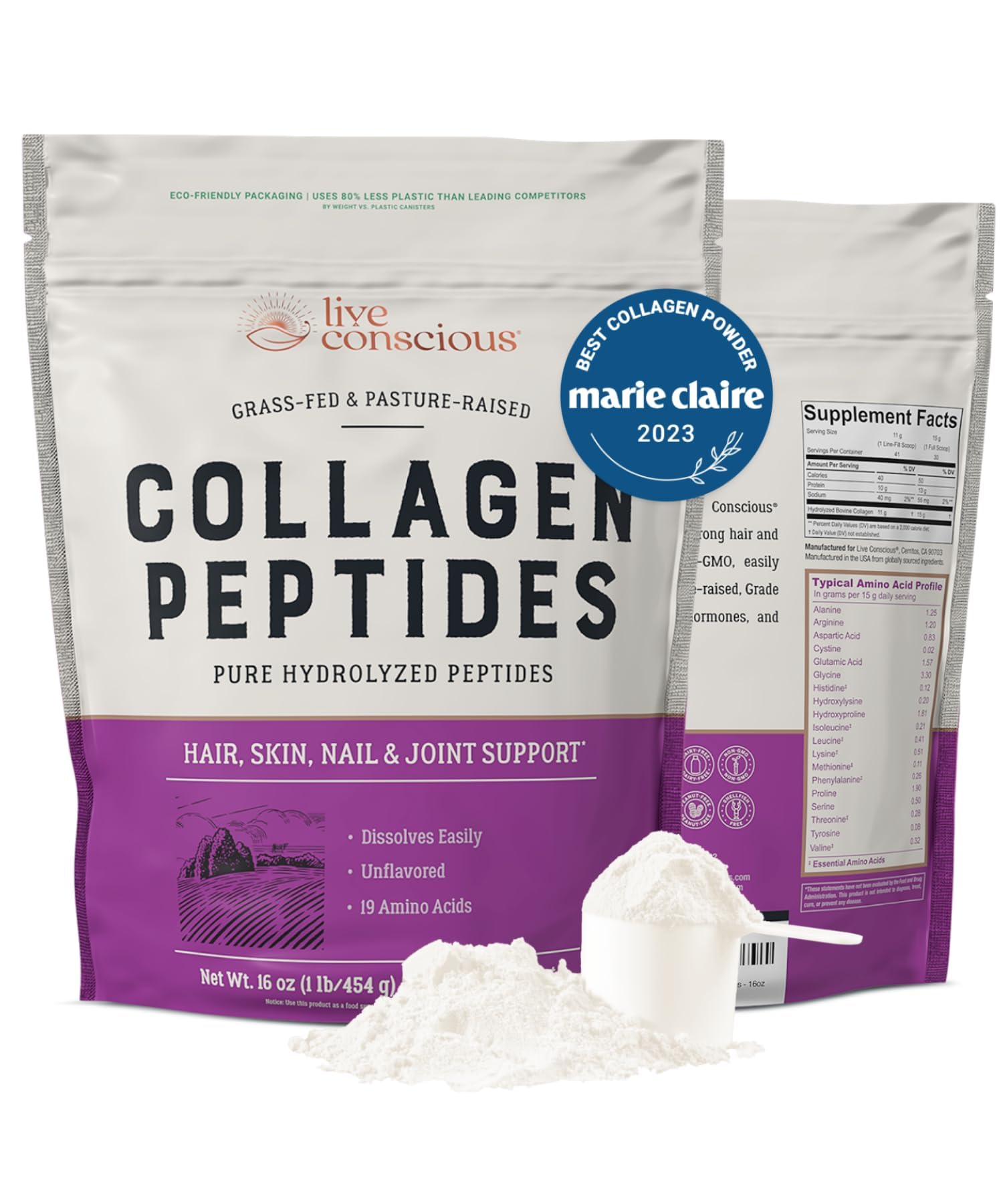 Live Conscious Collagen serving size scene with a scoop for daily use.