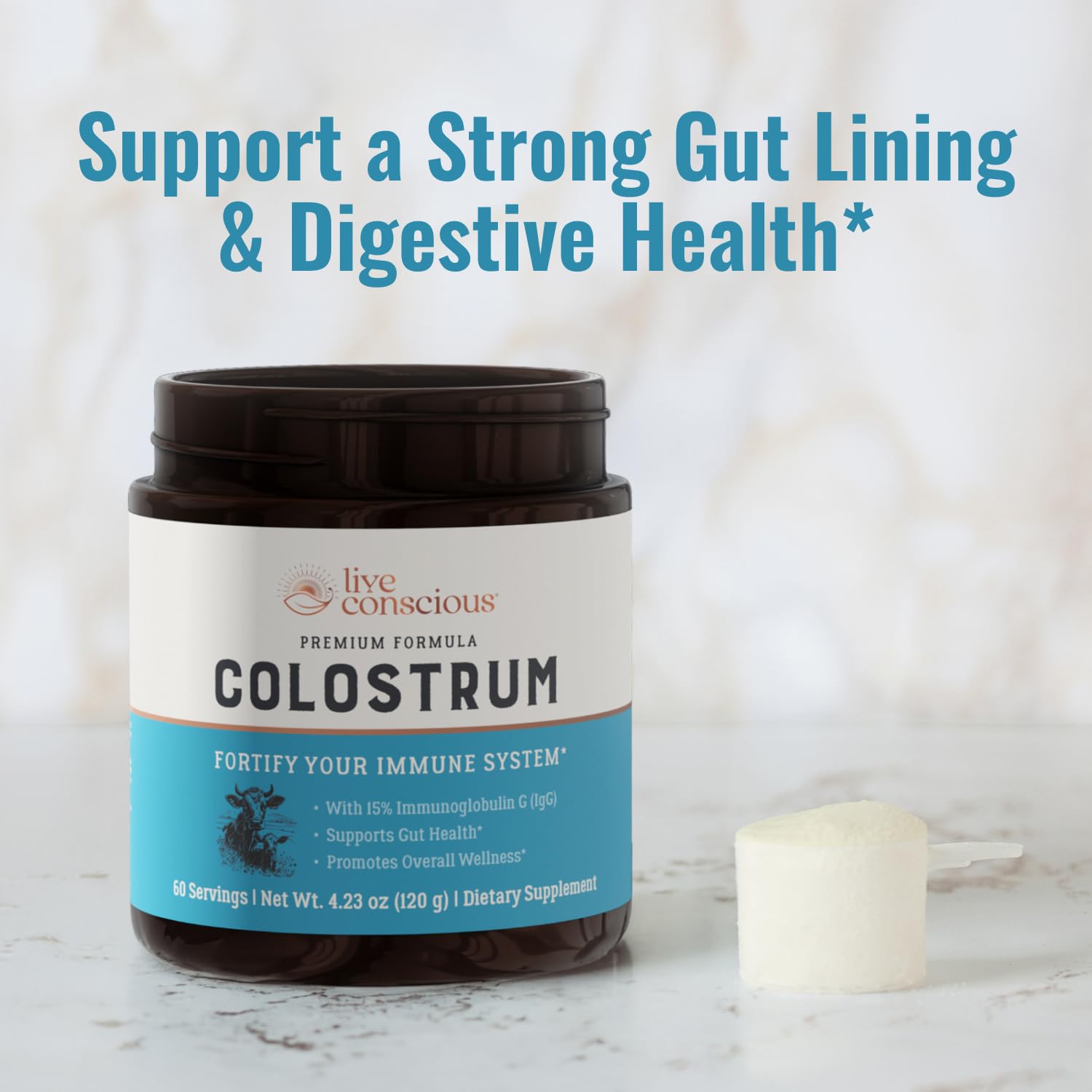 Live Conscious Colostrum grass-fed origin highlights quality for immune and gut support