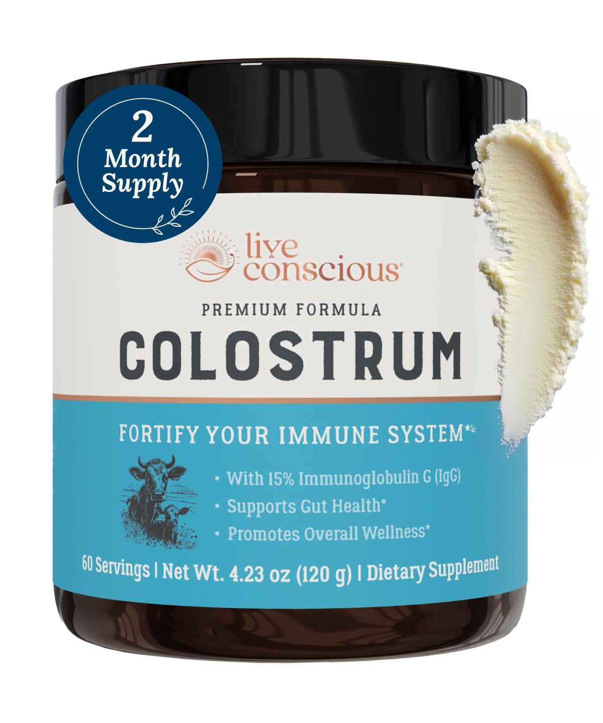 Live Conscious Colostrum powder container showcasing grass-fed formula for gut support