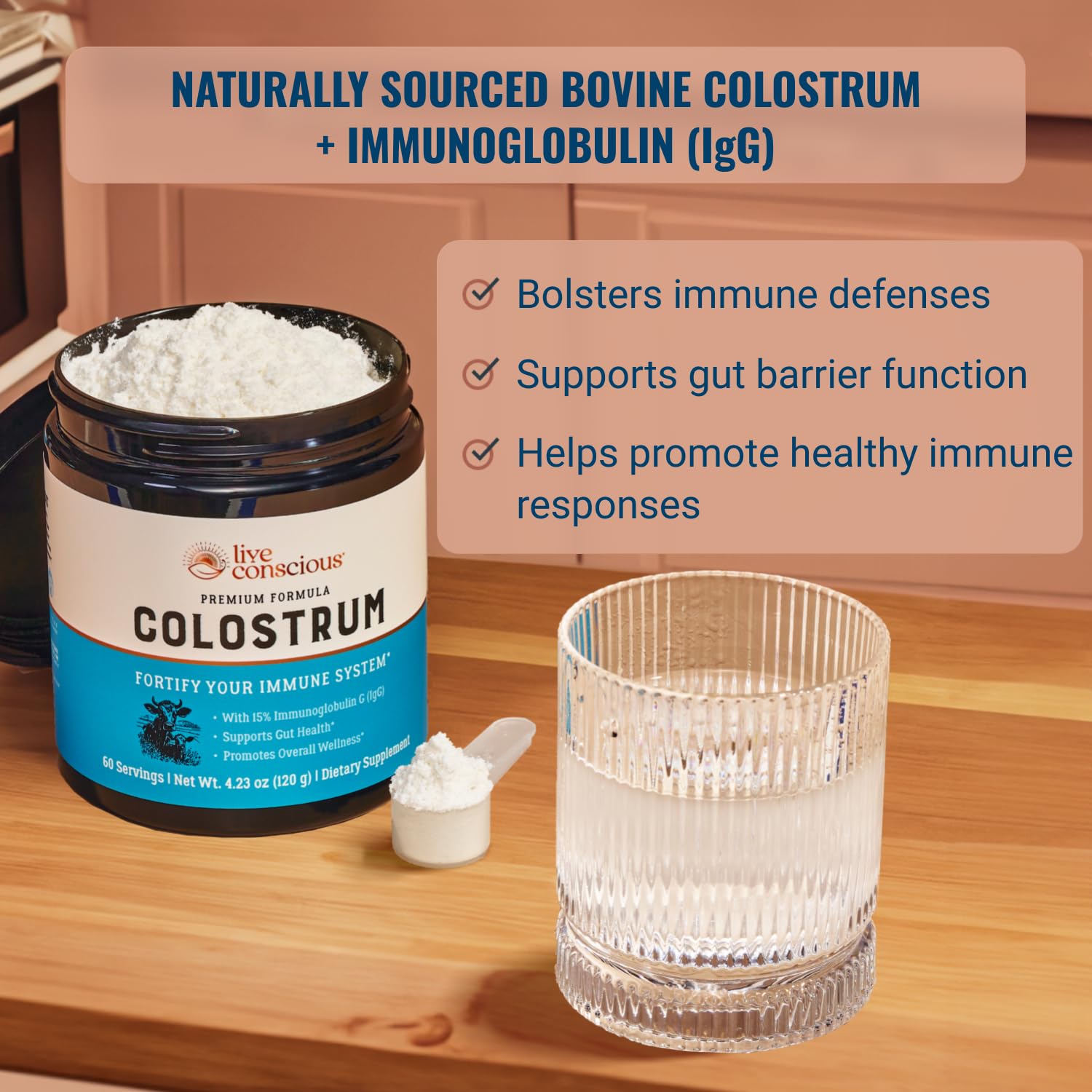 Live Conscious Colostrum Powder scoop shows easy daily use for immune wellness