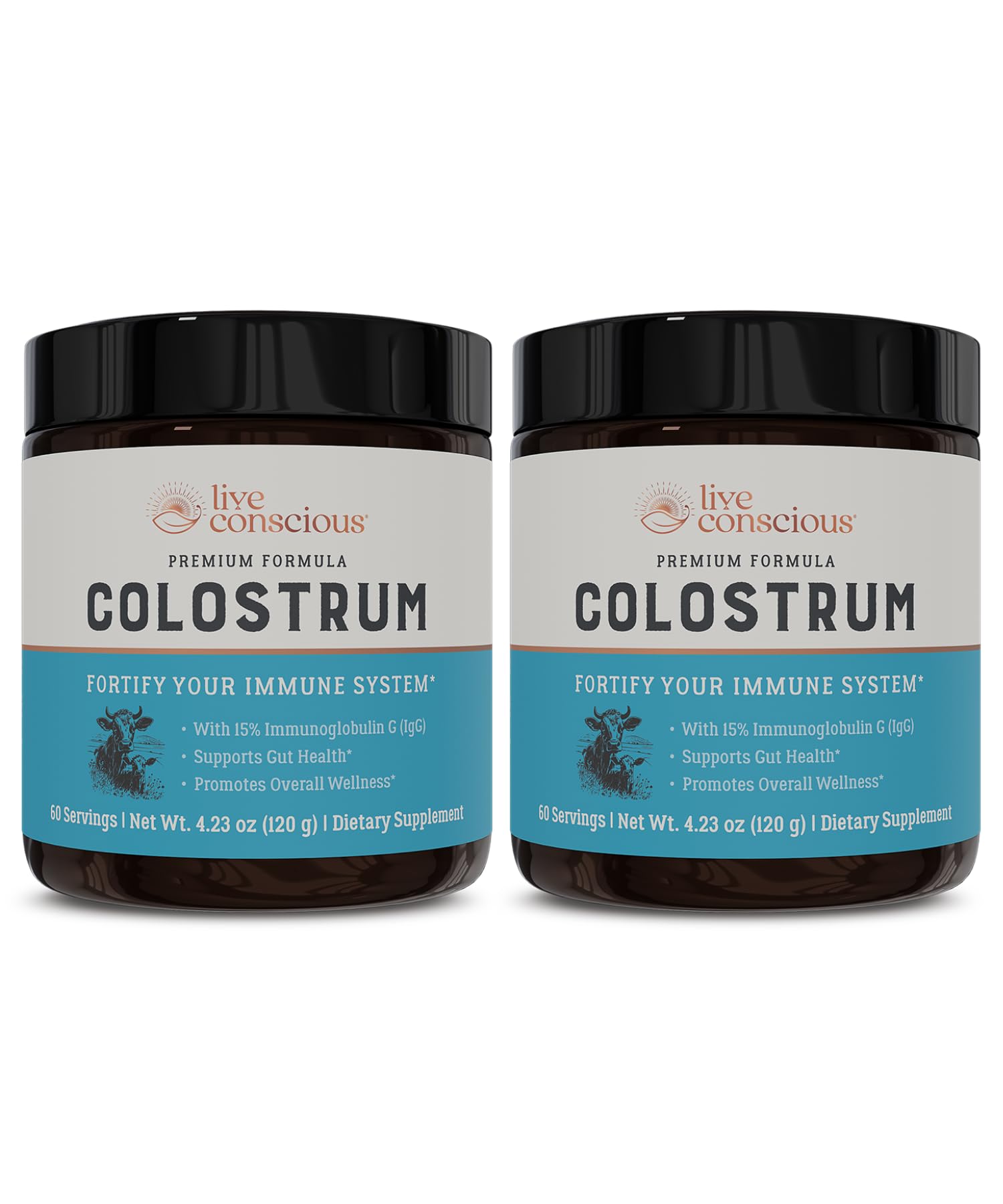 Live Conscious Colostrum Powder tub front highlights 2,000 mg serving for gut support