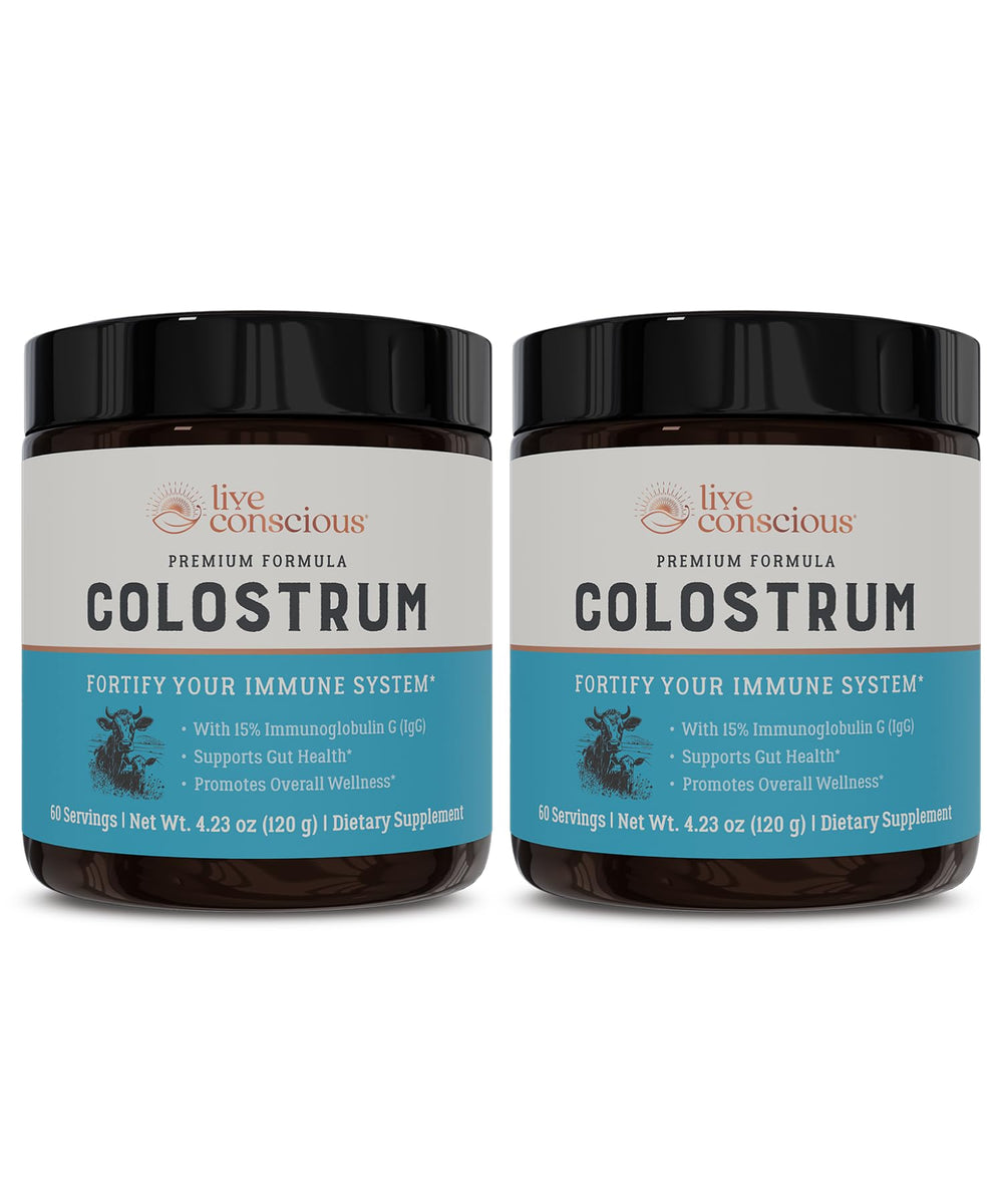 Live Conscious Colostrum Powder tub front highlights 2,000 mg serving for gut support