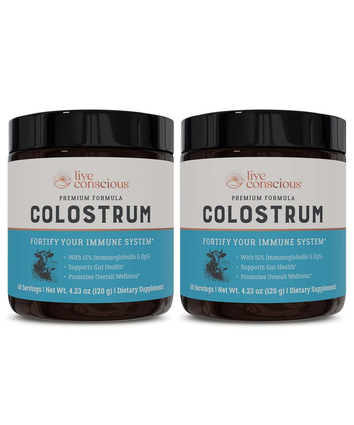 Live Conscious Colostrum Powder tub front highlights 2,000 mg serving for gut support