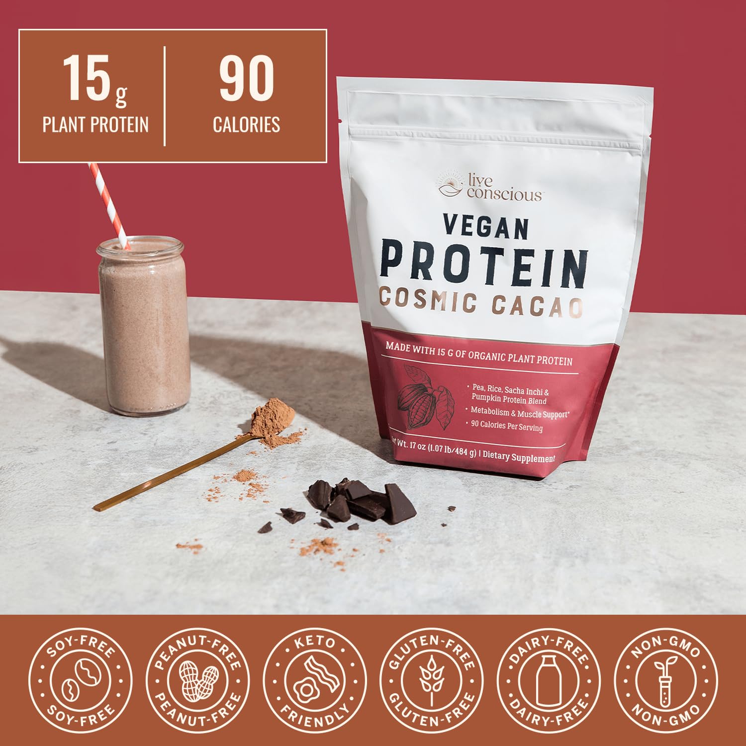 Live Conscious Cosmic Cacao ingredients show pea, rice, pumpkin, and sacha inchi blends.
