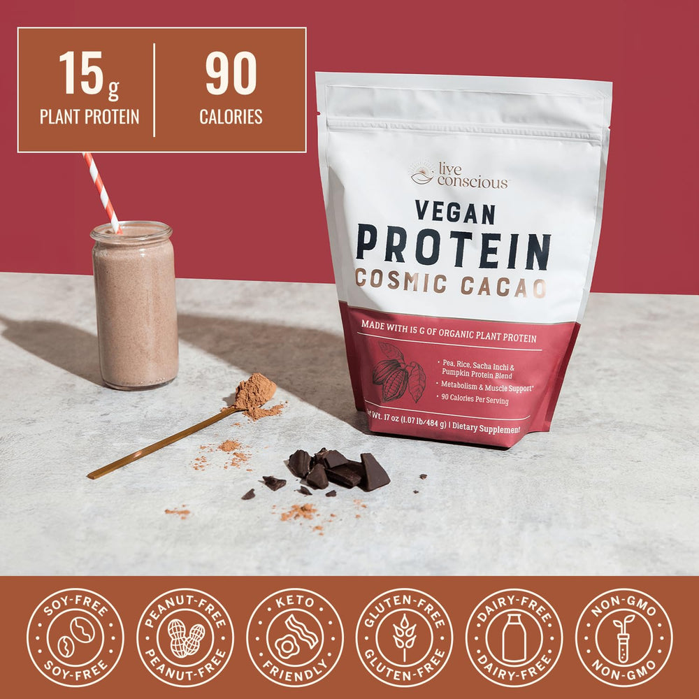 Live Conscious Cosmic Cacao ingredients show pea, rice, pumpkin, and sacha inchi blends.