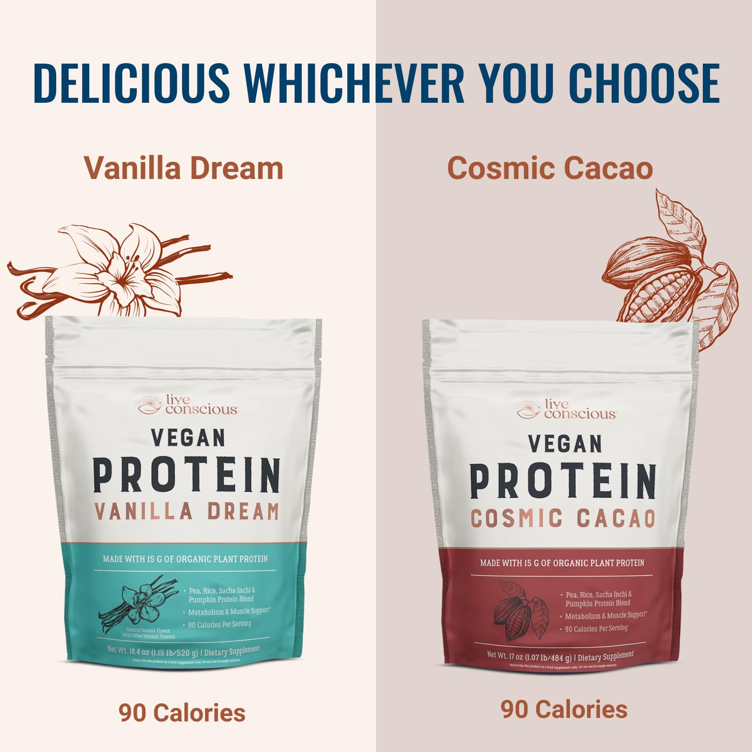 Live Conscious Cosmic Cacao ready-to-blend tub supports vegan nutrition.