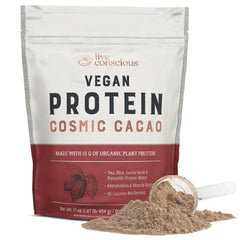 Live Conscious Cosmic Cacao powder in a tub for plant-based protein and quick shakes.