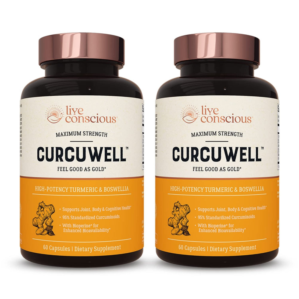 Live Conscious CurcuWell bottle front view showcasing turmeric-boswellia blend for joint support.