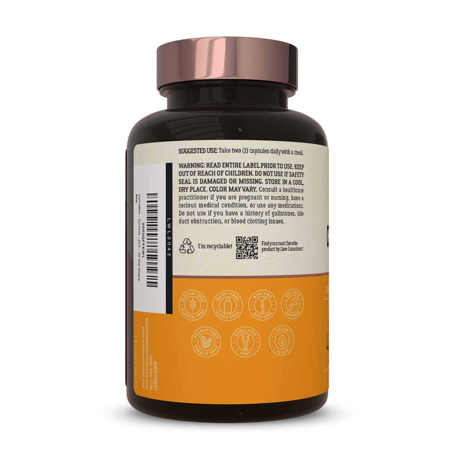 Live Conscious CurcuWell two-pack display suggests savings on joint and brain support.