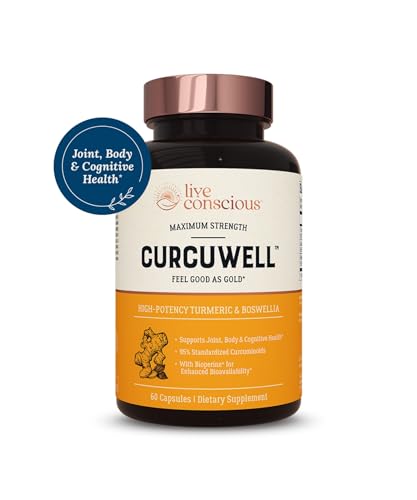 Live Conscious CurcuWell bottle side view shows dosage for daily joint and cognitive support.