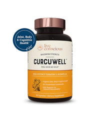 Live Conscious CurcuWell bottle side view shows dosage for daily joint and cognitive support.