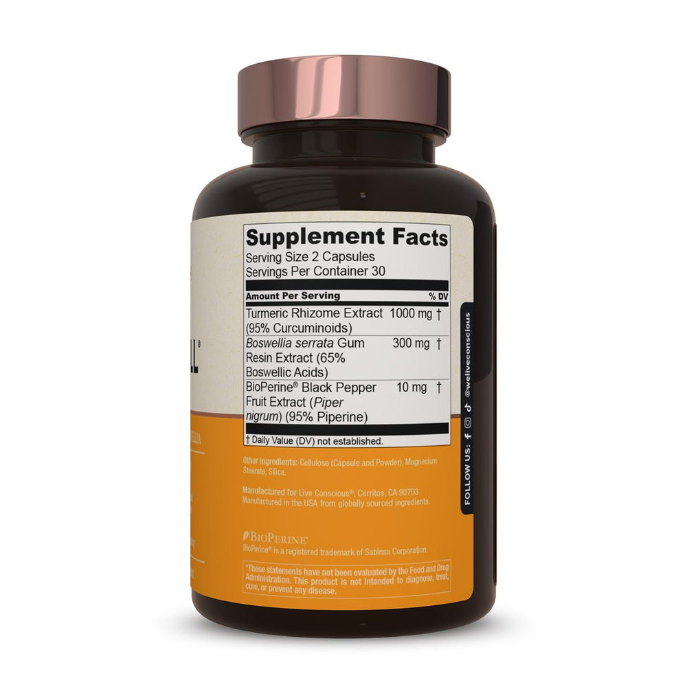 Live Conscious CurcuWell packaging graphic highlights BioPerine for better absorption.