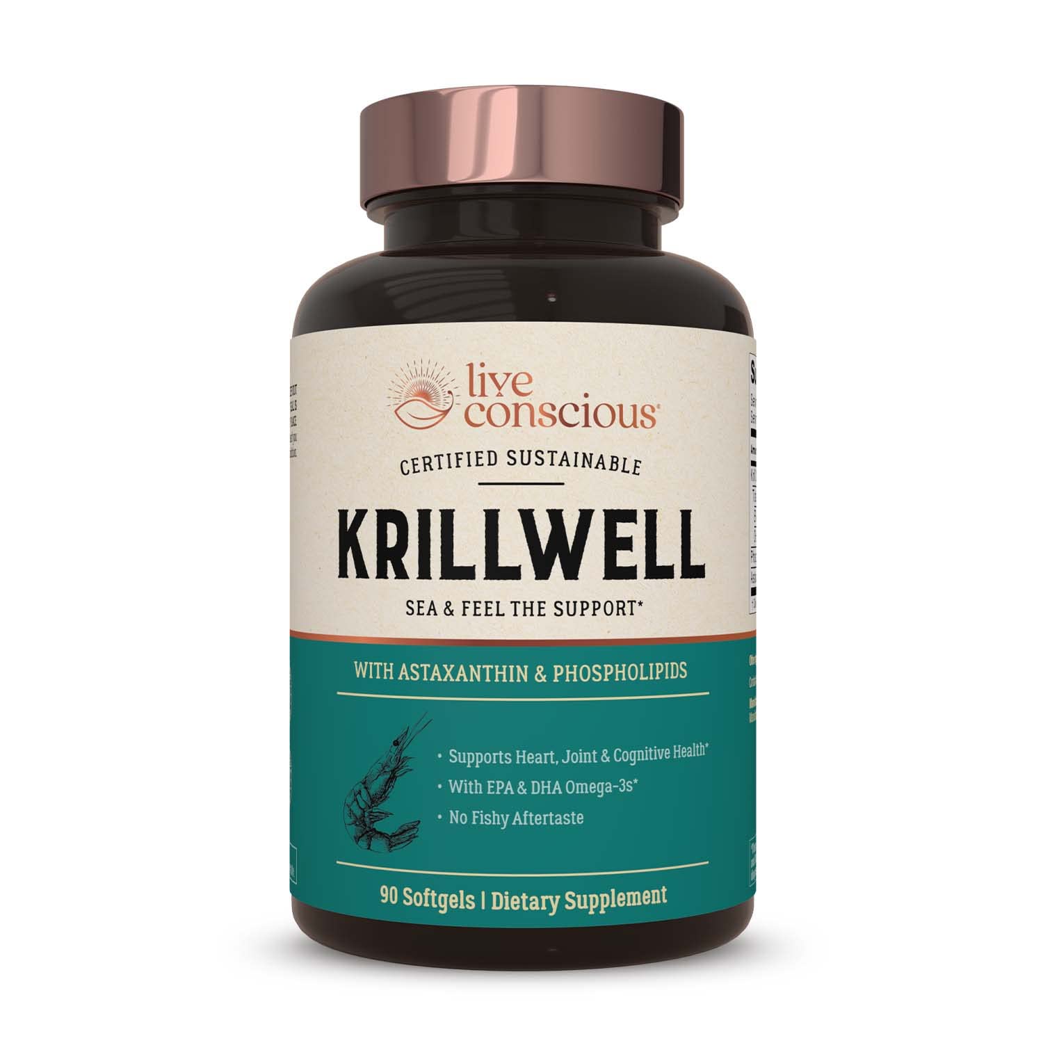 Live Conscious KrillWell bottle pours capsules for easy daily omega-3 support.