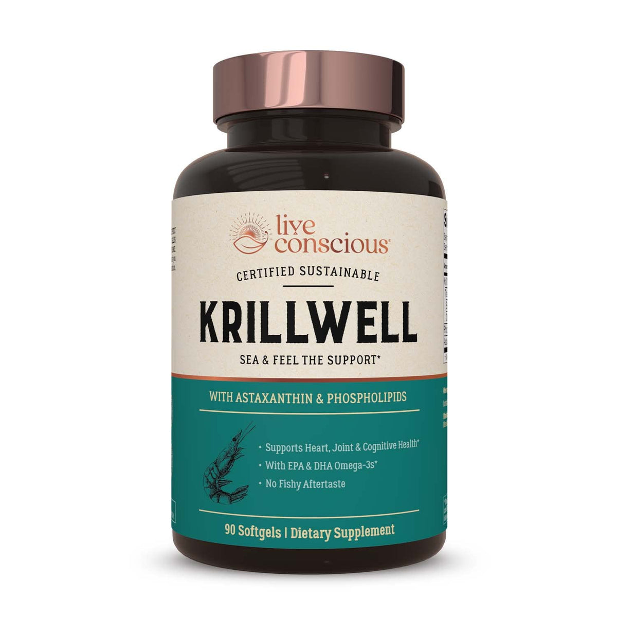 Live Conscious KrillWell bottle pours capsules for easy daily omega-3 support.