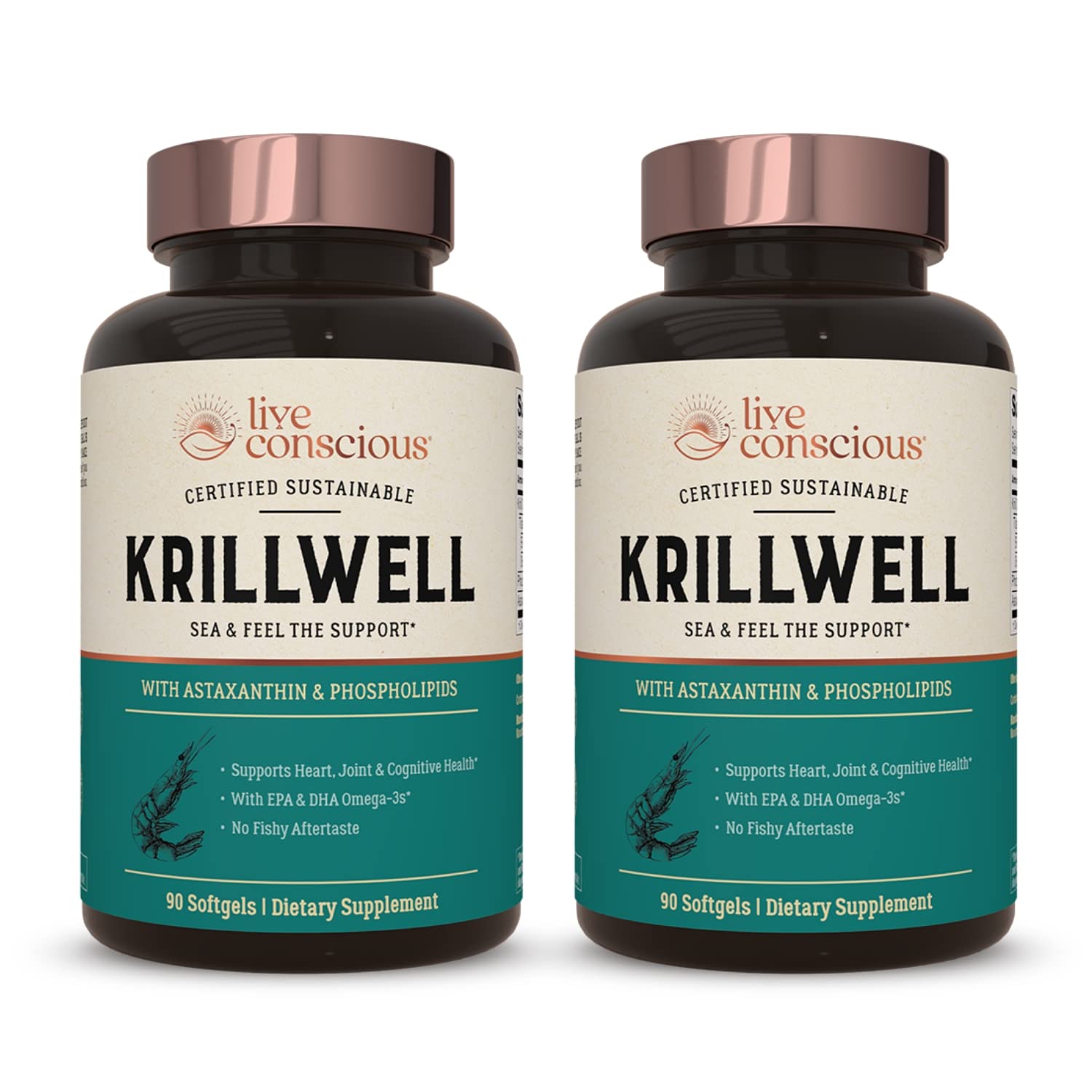 Live Conscious KrillWell softgels bottle for easy omega-3 supplementation supporting joints and brain health.