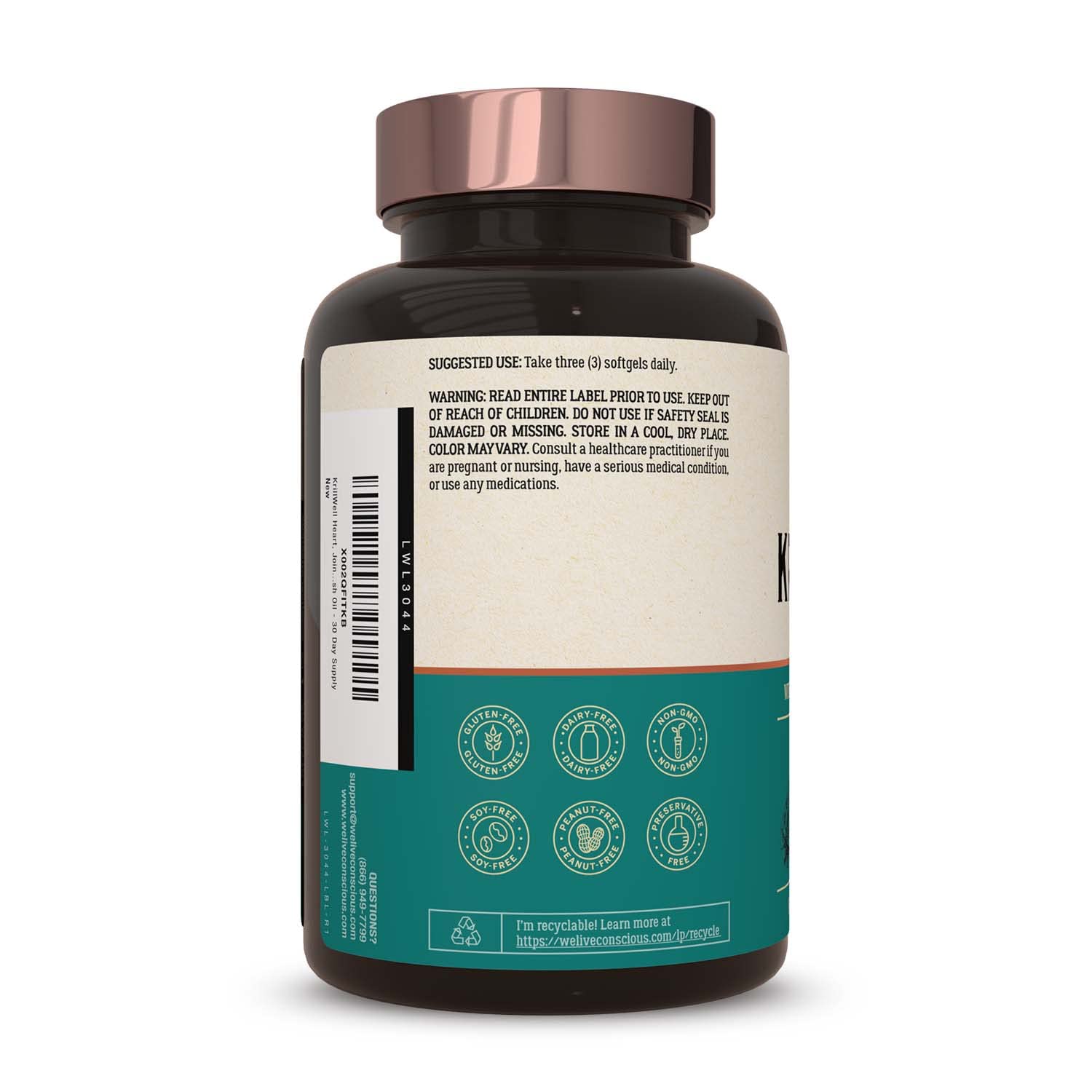 Live Conscious KrillWell softgels close-up with burpless formula and clean digestion.