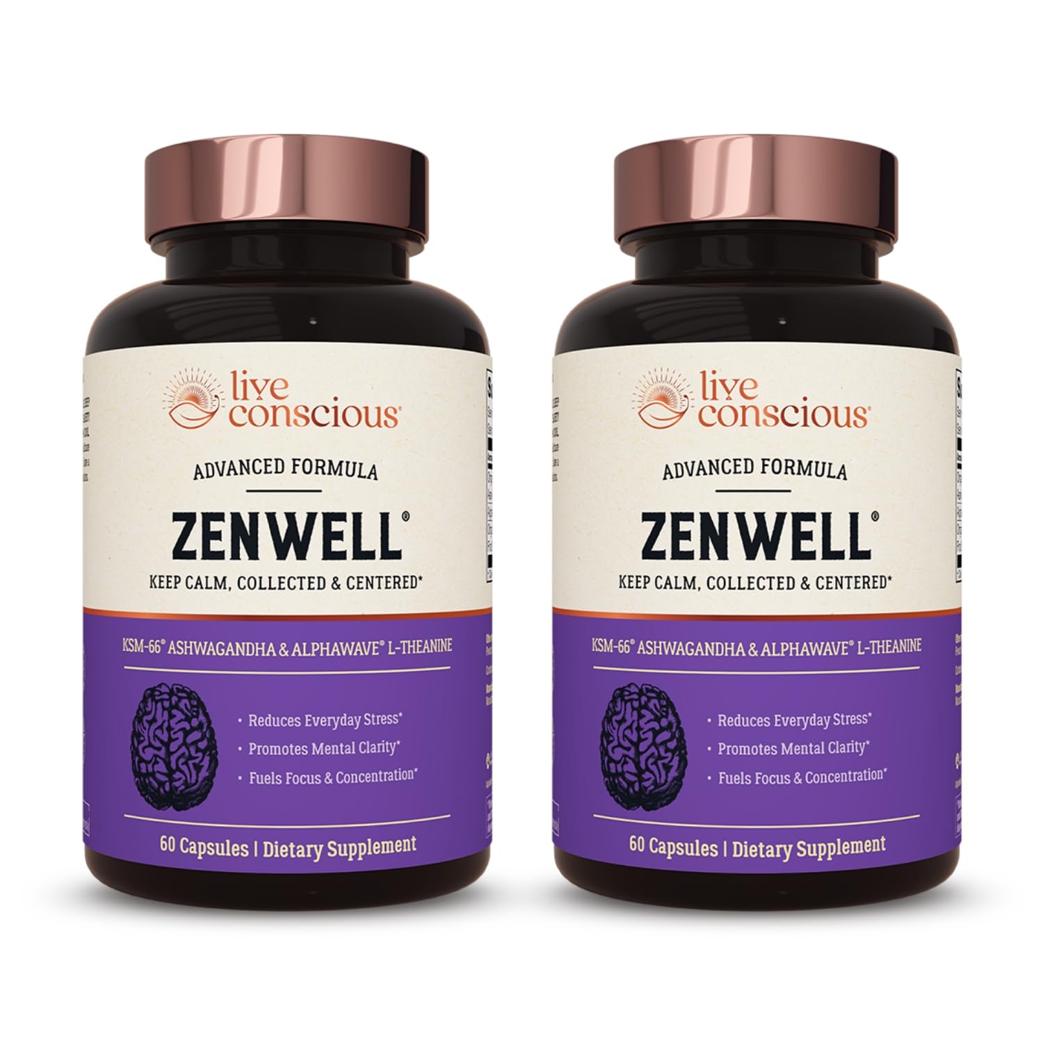Live Conscious KSM-66 Ashwagandha bottle with capsules for stress support and daily balance.