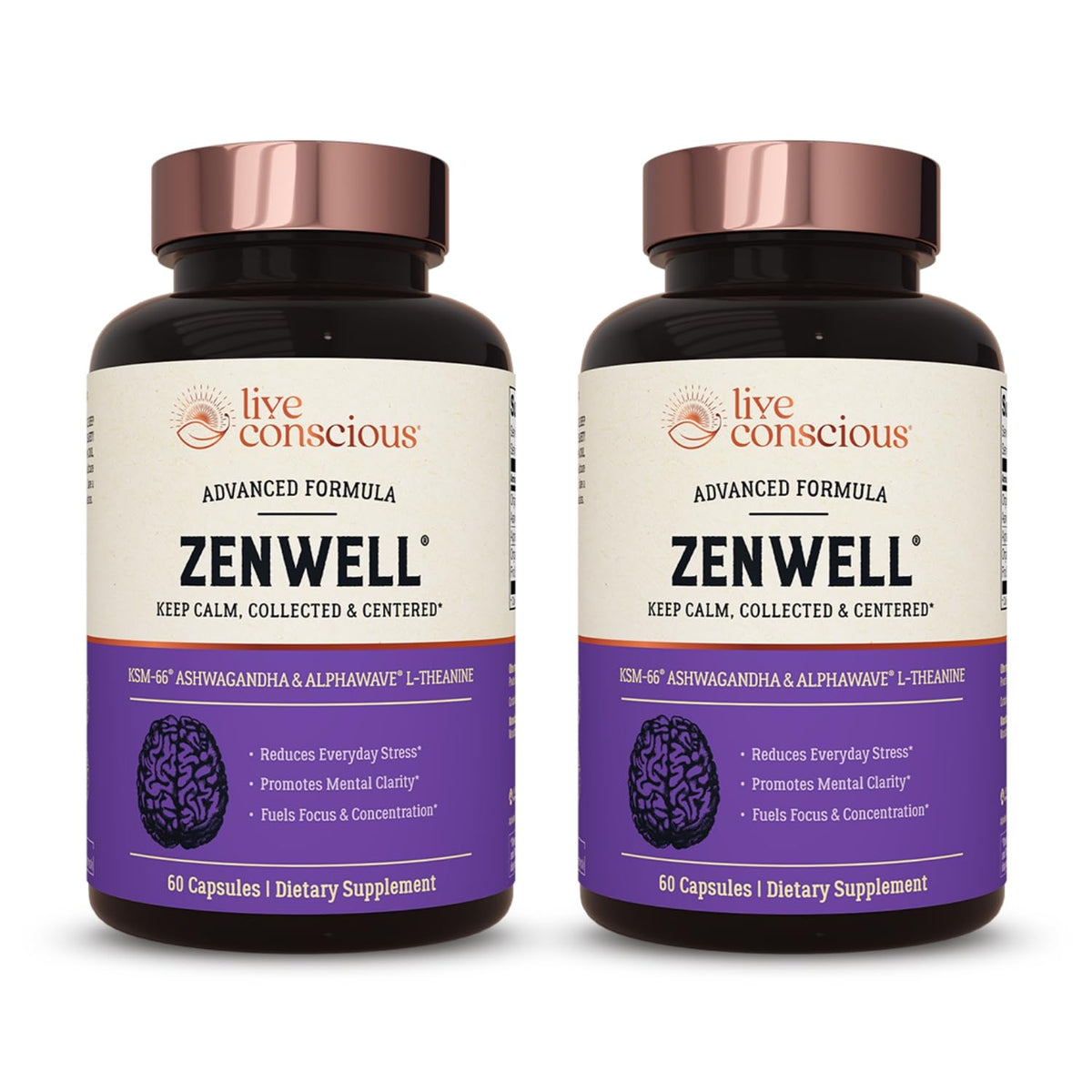 Live Conscious KSM-66 Ashwagandha bottle with capsules for stress support and daily balance.
