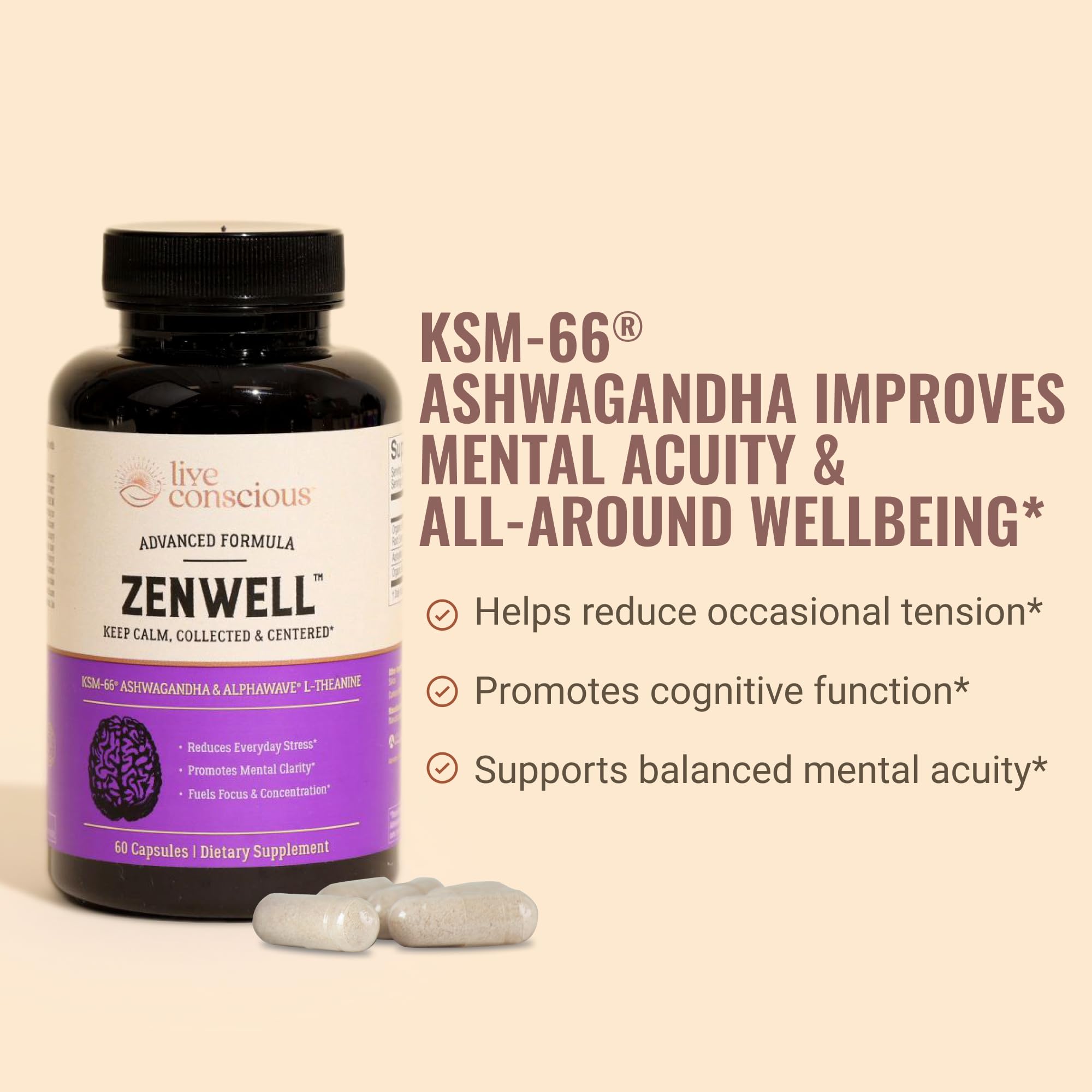 Close-up of Live Conscious KSM-66 Ashwagandha capsules for focused use