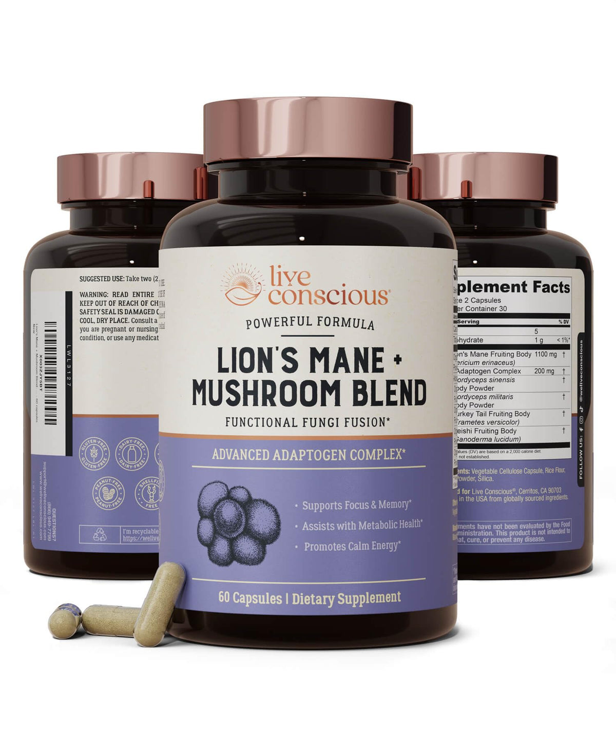 Live Conscious Lions Mane bottle front promoting cognitive support and focus.