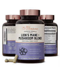 Live Conscious Lions Mane bottle front promoting cognitive support and focus.