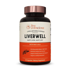 Live Conscious LiverWell bottle front showing sleek label for daily liver support