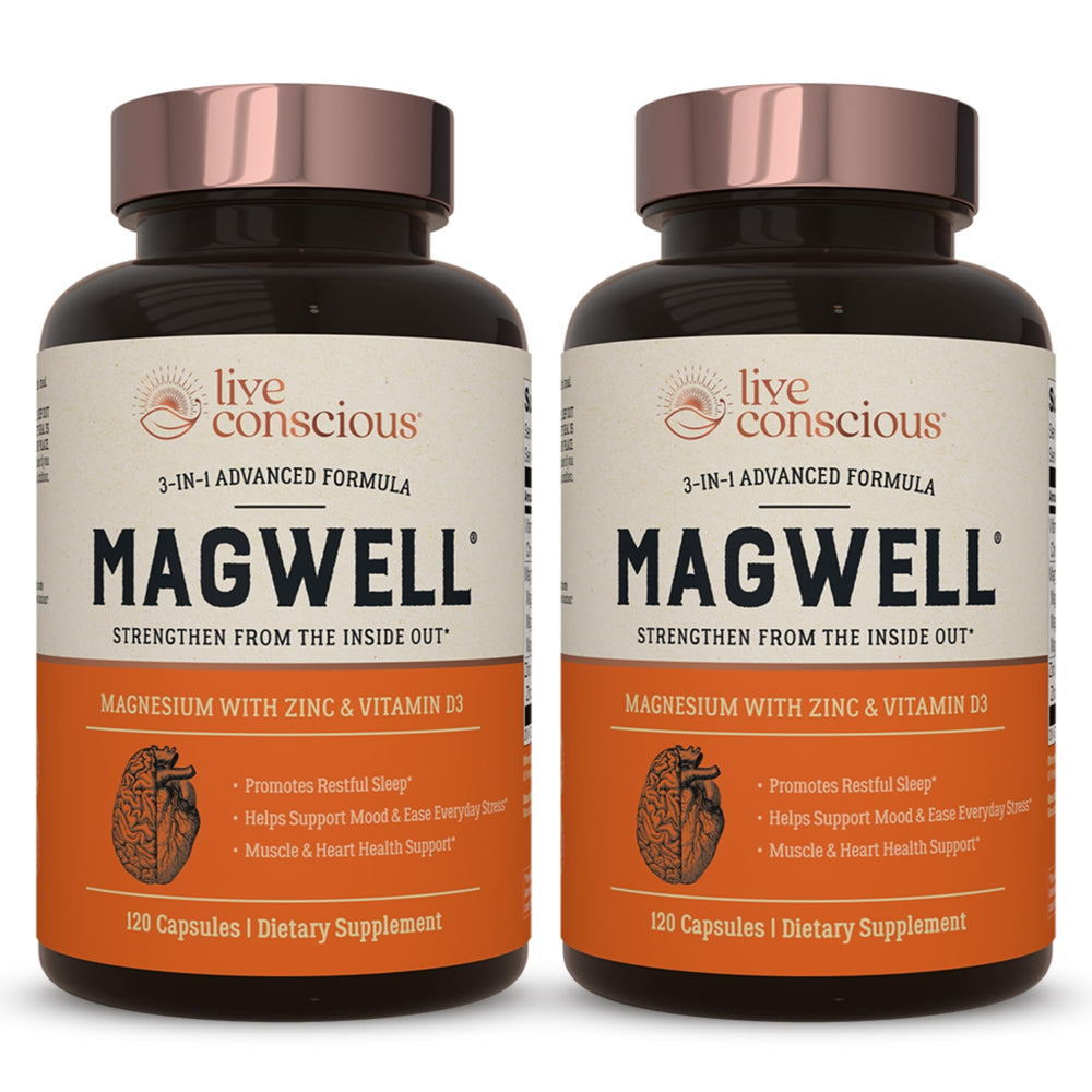 Live Conscious MagWell bottle front with capsules for daily support.