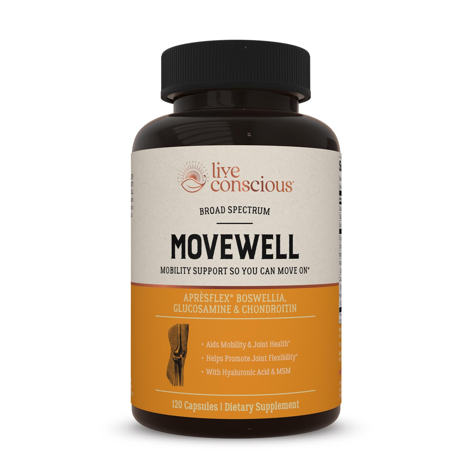 Live Conscious MoveWell bottle front for daily joint support and mobility.