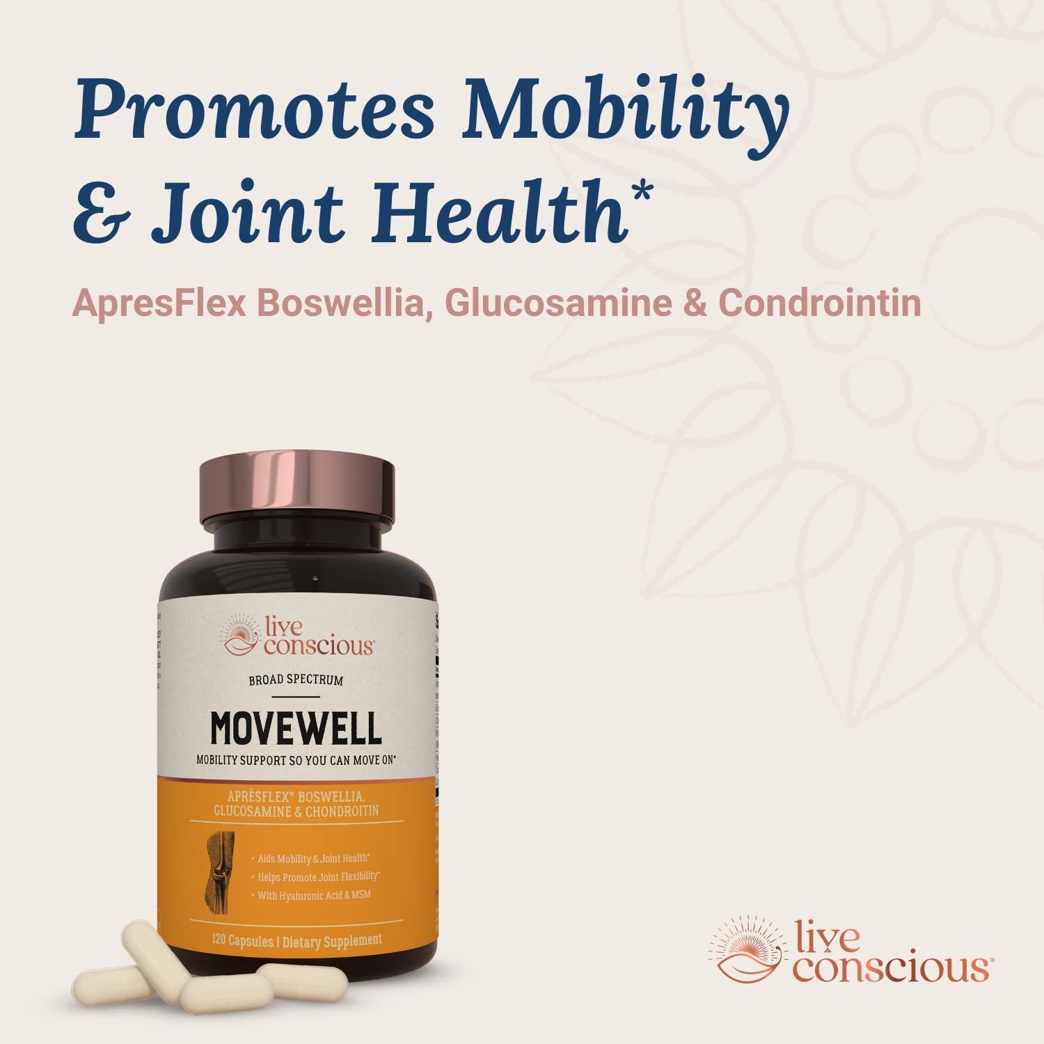 Live Conscious MoveWell packaging flatlay conveys premium joint support.