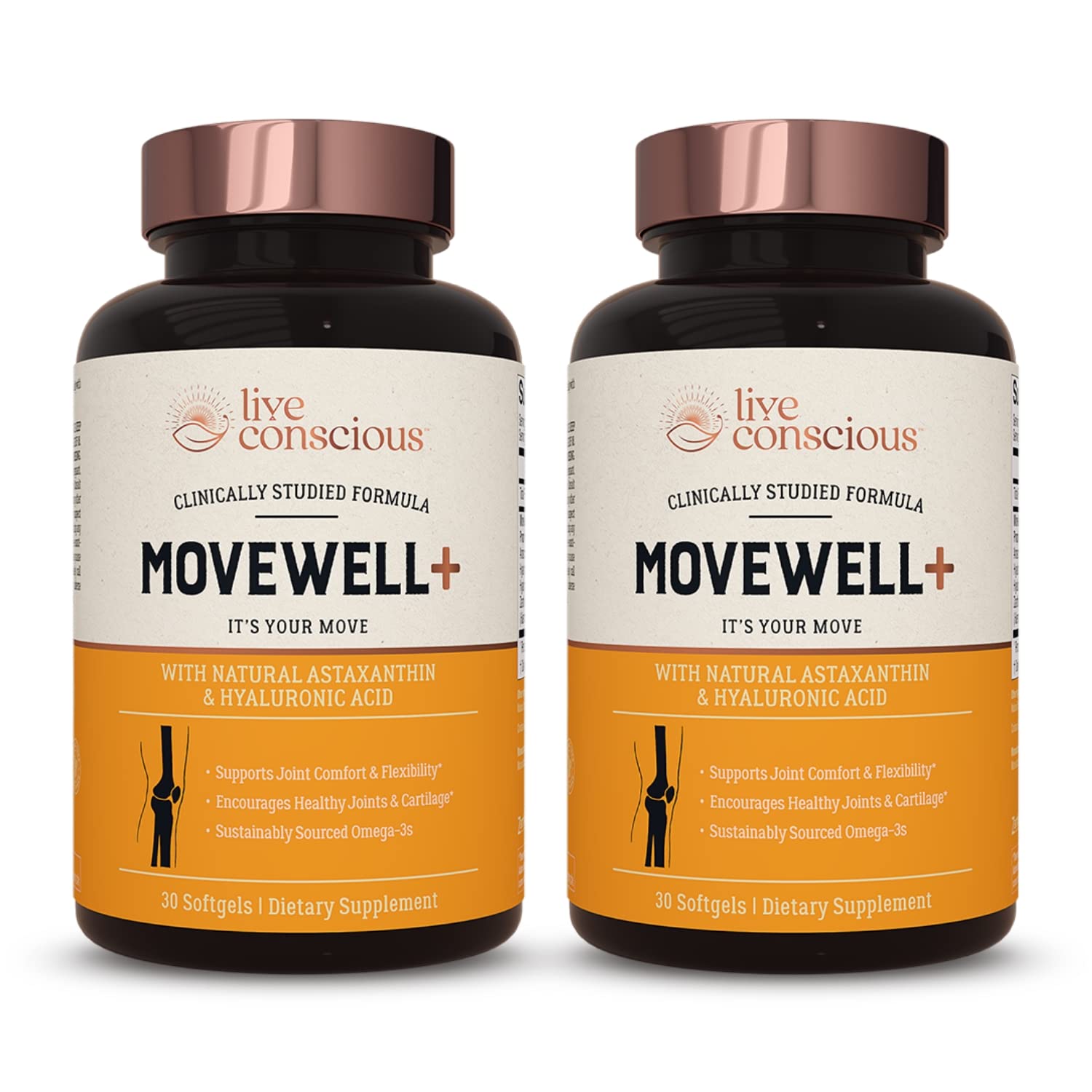 Live Conscious MoveWell Plus bottle featuring Antarctic krill oil for joint health